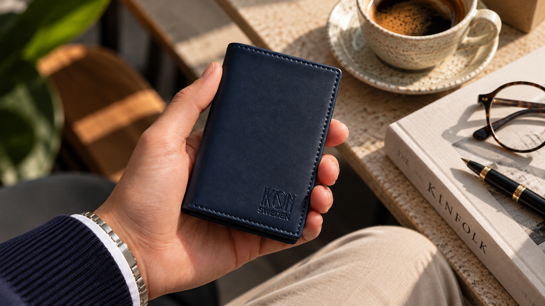 Three IKON SWEDEN apple leather men's wallets styled with a watch and accessories as Father's Day and Christmas gift ideas