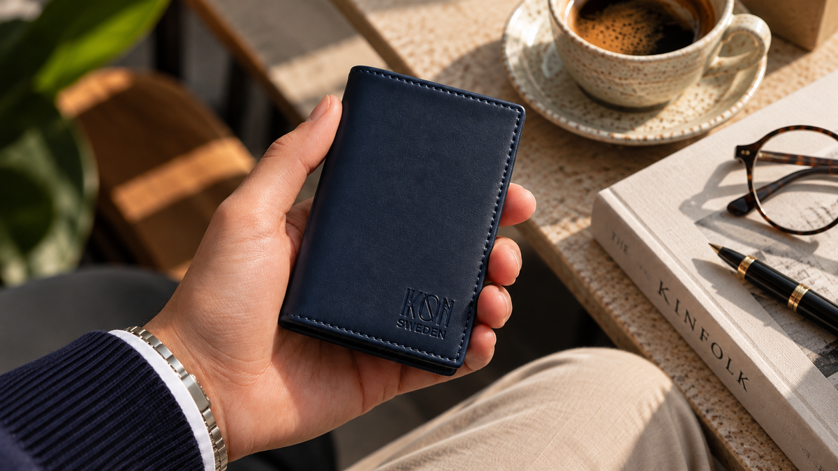 Three IKON SWEDEN apple leather men's wallets styled with a watch and accessories as Father's Day and Christmas gift ideas