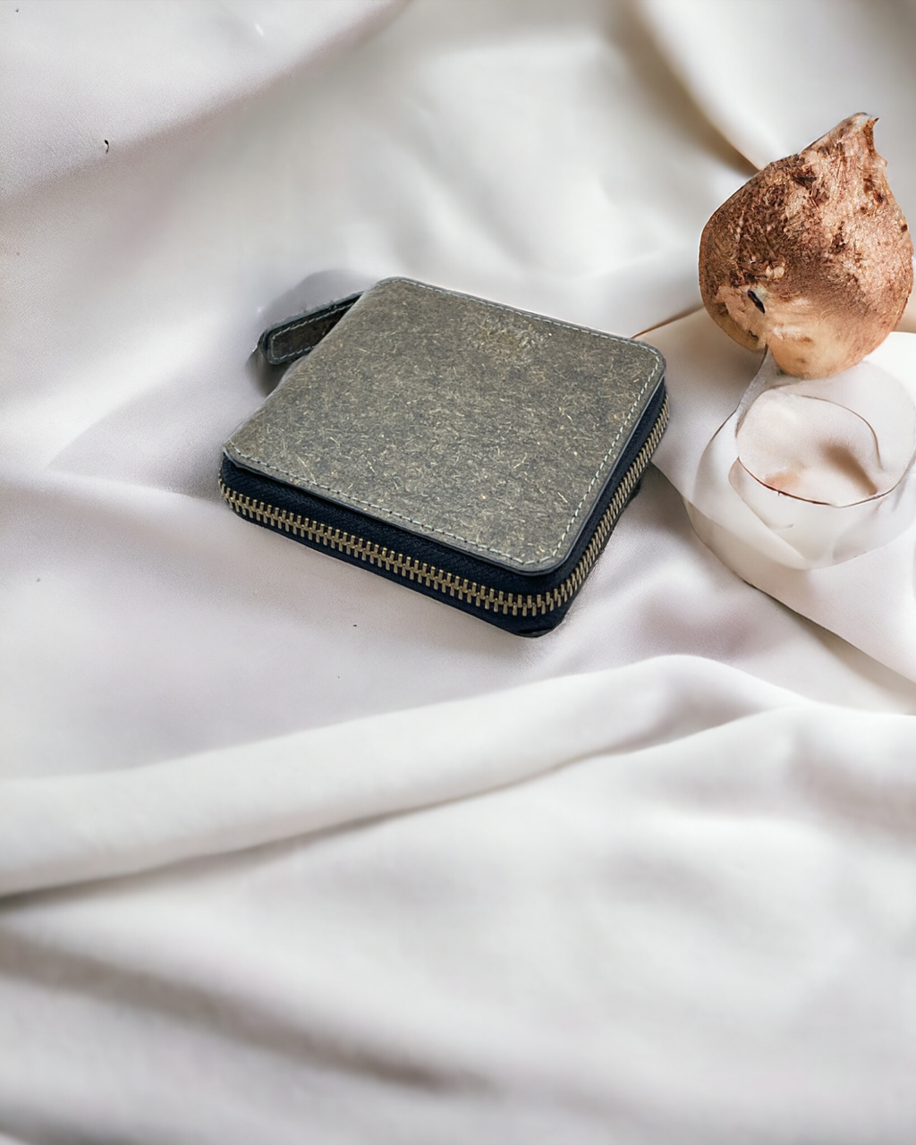 Ash Gray leather wallet with a zipper 