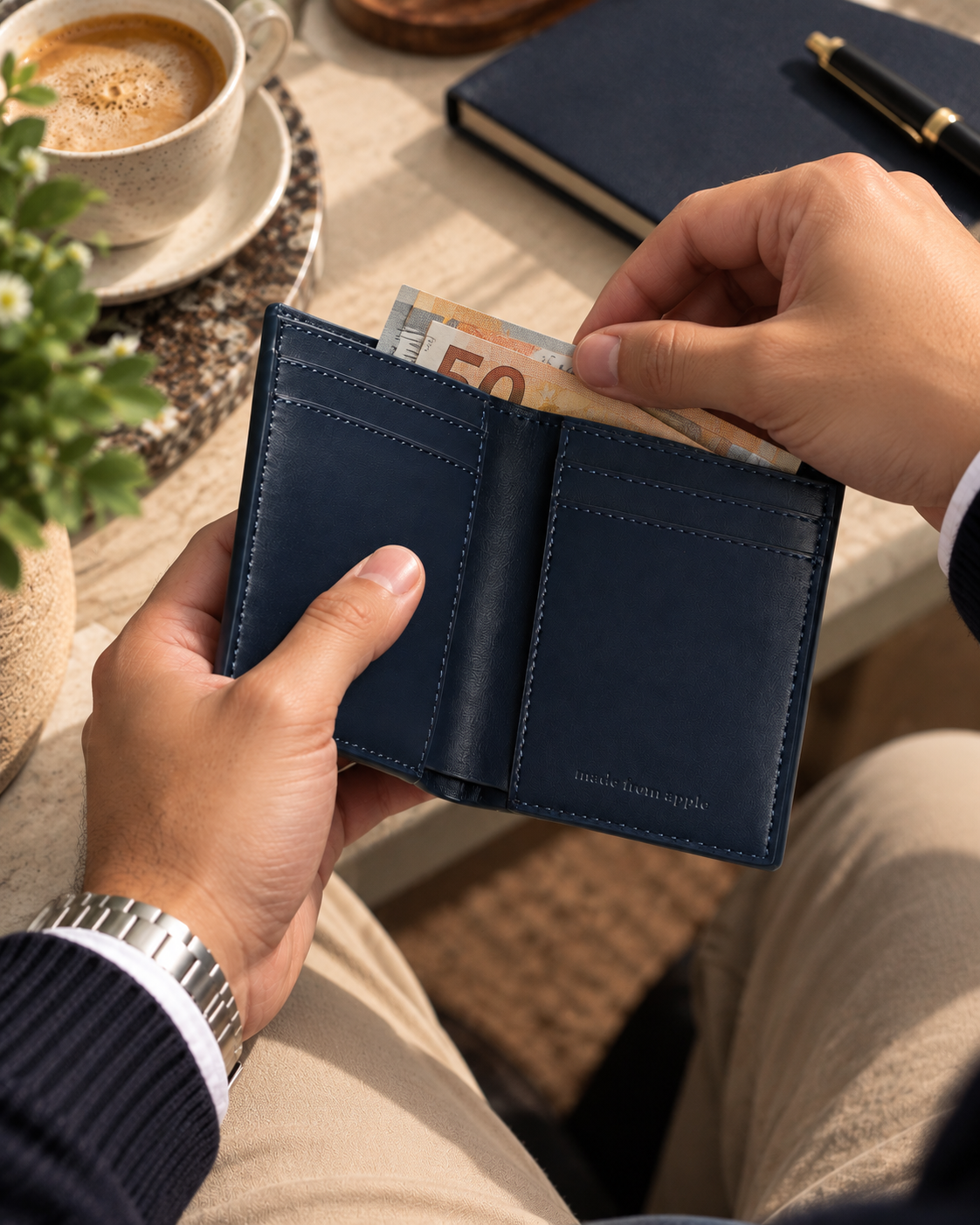 RFID Bi fold Cash Wallet with coin and AirTag pocket - Coastal blue