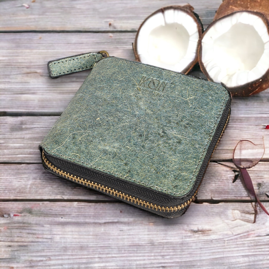 Kochi | Coconut Leather Small Zip Wallet - Ocean Green